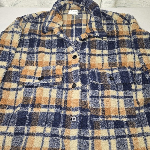 By Together Shacket Womens Large L Navy Blue Orange Plaid Teddy Fleece Lined CPO - Picture 2 of 7